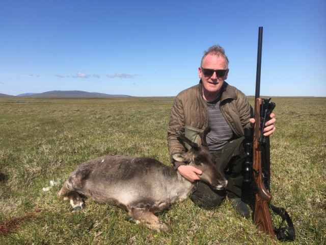 Hafliði með kúna í glaða sólskini.