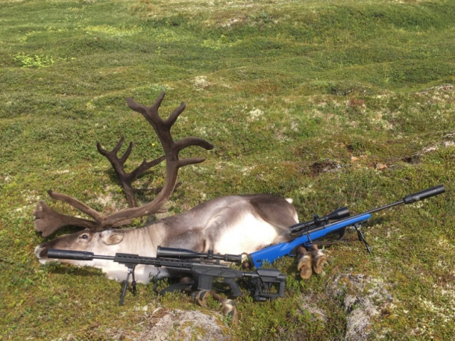 Ég varð að koma blá rifflinum með inn á mynd. Þarna eru tveir rifflar í caliberinu Credmore !