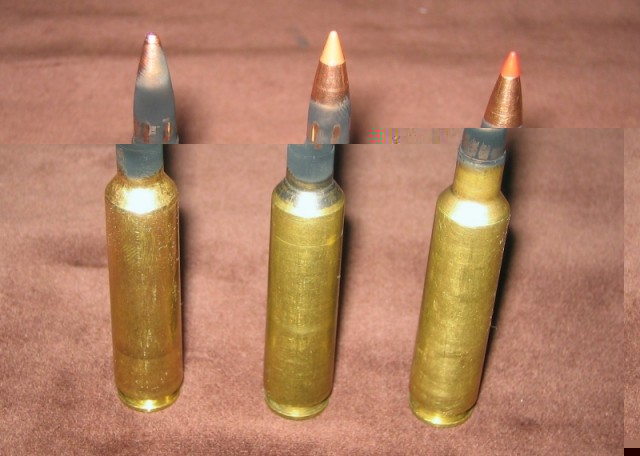 Skotin frá vinstri, 120 gr. Full Jacked,  100 gr. Ballistic tip, og 95 gr. V-Max.